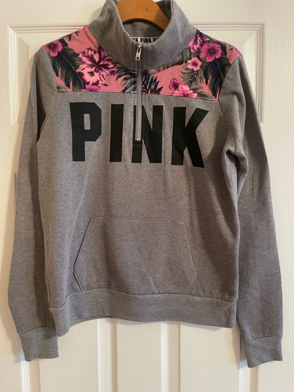 Victoria's Secret PINK Gray Half-Zip Sweatshirt with Pink Floral yoke
